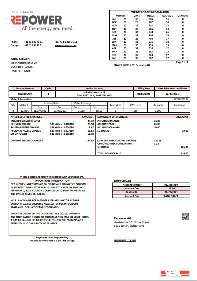 Switzerland Repower AG utility bill template, fully editable in Word and PDF format